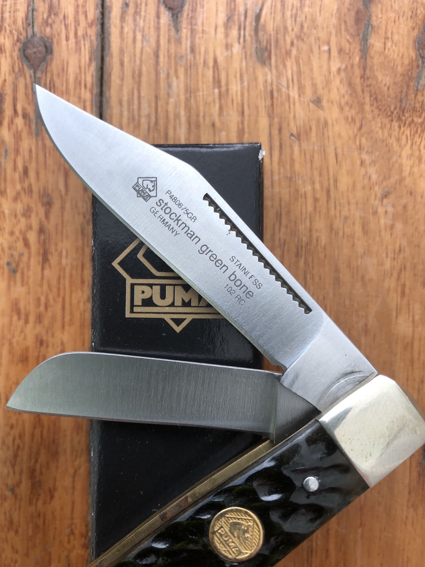 Puma Knife Puma Stockman Folding Knife With Green Bone Handle With Box puma-knife-puma-stockman-folding-knife-with-green-bone-handle-with-box
