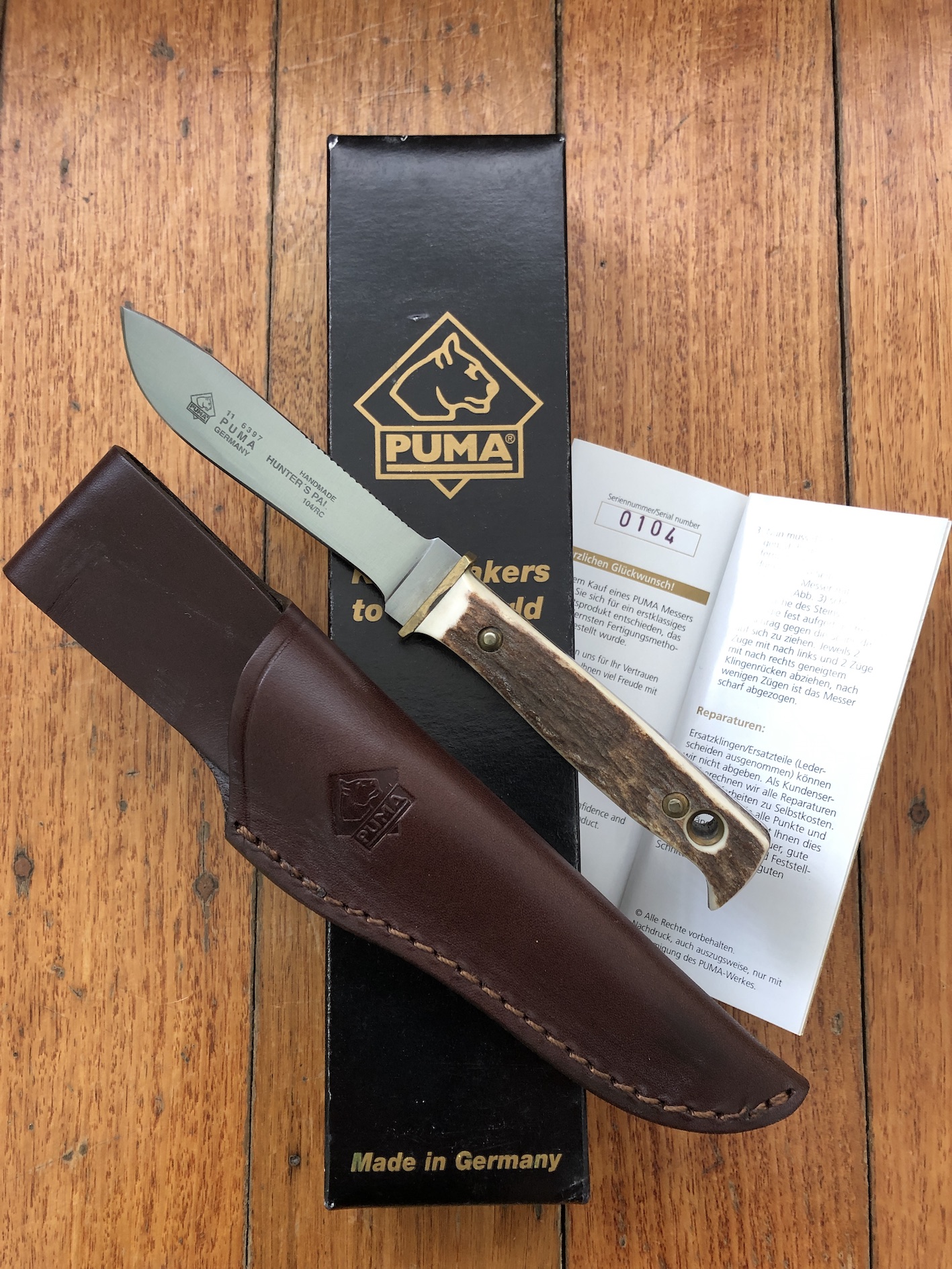 Puma Knife Puma 2004 Hunters Pal with Stag Handle & Mid Brown Sheath