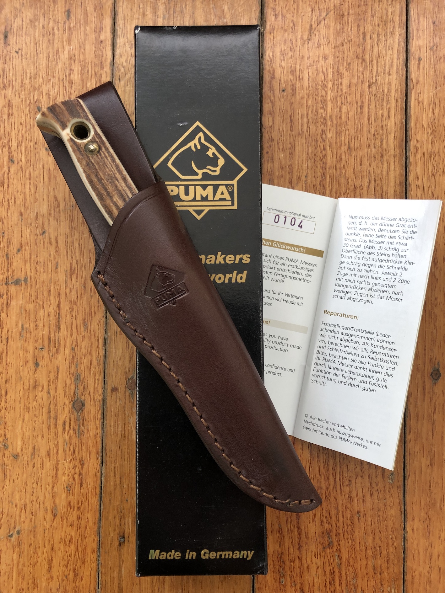 Puma Knife Puma 2004 Hunters Pal with Stag Handle & Mid Brown Sheath