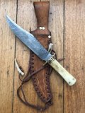 Damascus Knife: Damascus Knife with Jigged Camel Bone Handle &Custom Made Sheath