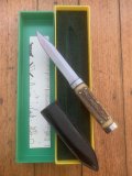 Puma Knife: Puma 1981 Vintage 3573 Boot Knife with Stag Handle Sheath in Puma Green/Yellow Box