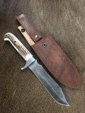 Damascus Knife: Damascus "White Hunter" Knife with Sambar Deer Antler Handle Mid Brown Sheath No2