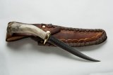 Ken Richardson Custom Handmade 6" Fillet Blade Hunting Knife with Deer Antler Handle & Custom Sheath