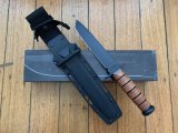 Ka-Bar Knife: Kabar Leather Handled Part-Serrated Black Tanto & Kydex Sheath