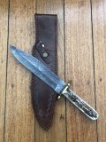 Damascus Knife: Damascus Bowie with Stag Horn Handle & Brown Sheath