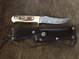 SOS Damascus *PUMA Skinner* Knife with Sambar Deer Antler Handle & Leather Sheath