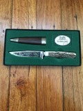 Widder Knife: Widder Solingen Jadgnicker Knife Mountain Goat Scene with Hunter with Sheath and Display Box