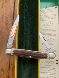Puma Knife: Puma 1984 Bantam Folding Knife with Stag Antler Handle & Original Green & Yellow Box  #40482