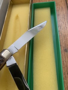 Puma Knife: Puma Mint Rare 1969 'STOCK' 3 blade Knife with Dark Brown Jigged Bone Handle and Box #96744