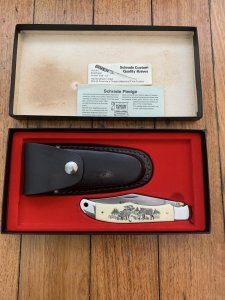 Schrade Vintage Limited Edition SC500 USA-Made Scrimshaw Large Moose Folding Knife, Box and Leather Pouch