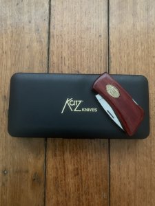 Katz Knives: Small Bob Kat Cherrywood Locking Folding Knife with gift Tin