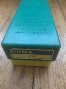 Puma Knife: Puma 1987 FAHRTENMESSER Jacaranda Wood in Original Sheath and Plastic Box with Tag