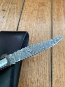 Damascus Folding Knife with White Bone Handle File Work and Pouch