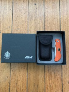 EKA Swede 8 Blaze Orange Folding Lock Knife in Pouch and Box