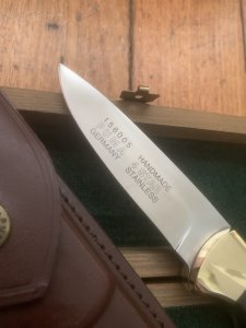 Puma Knife: Puma Original 1980's-90's 4 Star Fixed Blade Knife with Black Ebony Handle in Original Wooden Box