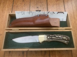 Puma Knife: Puma Original 4 Star Fixed Blade Knife with Stag Antler Handle in Original Wooden Box