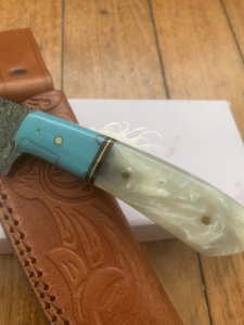 Damascus Turquoise and Pearl Corelon Hunting Knife with Sheath