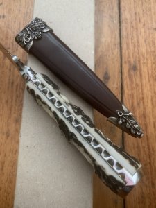 German Knife: 1970'-80's  Integral Jagdnicker Knife with Carved Stag Handle & Sheath