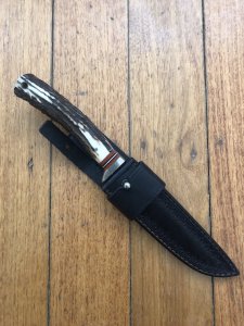 Damascus Knife: Japanese Made 45 Layer Damascus BushCraft Knife with Red Stag Antler Handle and Custom Keith Fludder Sheath