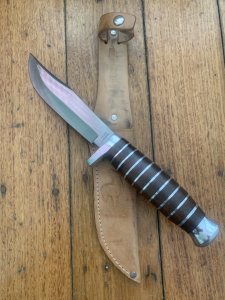 Solingen Germany EUROCUT Original 5" Blade Bowie Knife with Wood Stacked Handle & Leather Sheath