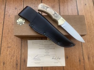 Puma Knife: Puma 1990 American Wildlife Collection 4 star Fixed Blade Knife with White Micarta Handle Original Box and matching Warranty #025/400
