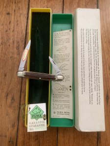 Puma Knife: Puma 1984 Bantam Folding Knife with Stag Antler Handle & Original Green & Yellow Box  #40482