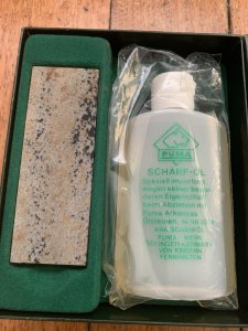 Puma Knife: Original 1980's Green Box Oilstone and Oil Sharpening Set in correct green box