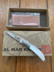 Al Mar Japan E1001P Osprey White Pearl Engraved Pocket Knife in original Pouch and Box