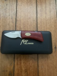 Katz Knives: Small Bob Kat Cherrywood Locking Folding Knife with gift Tin