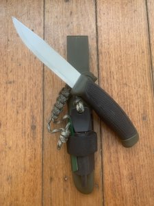 MORA Swedish Made Clipper Hunting Knife with Rubberised Handle Plastic Sheath and Fire Starter