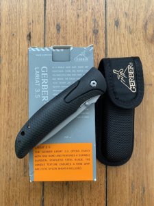 GERBER USA  LARIAT 3.5 Fine Edge Folding Knife with Pouch and Original Box.