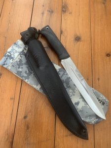 Kizlyar Knife: Kizlyar Mirror Finish 'EGERSKY' Straight Blade with Leather Sheath and Sleeve
