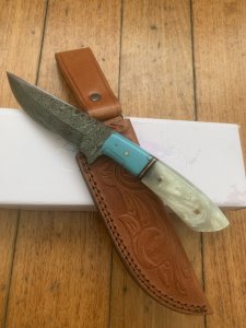 Damascus Turquoise and Pearl Corelon Hunting Knife with Sheath