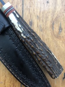 Damascus Knife: Japanese Made 45 Layer Damascus BushCraft Knife with Red Stag Antler Handle and Custom Keith Fludder Sheath