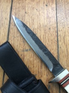 Damascus Knife: Japanese Made 45 Layer Damascus BushCraft Knife with Red Stag Antler Handle and Custom Keith Fludder Sheath