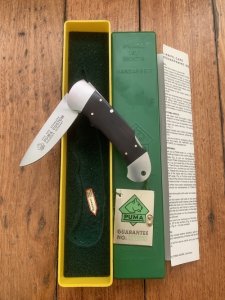Puma 1989 model 985 Custom Folding Knife with Ebony Handle Original Box and matching Warranty #23981