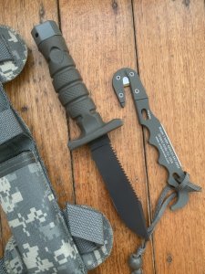Ontario ASEK Multi-Cam Survival Knife System 5" Blade, Strap Cutter, Sheath & Tactical Thigh/Belt Sheath
