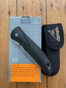 GERBER USA  LARIAT 3.5 Fine Edge Folding Knife with Pouch and Original Box.