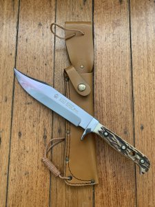 Puma Knife: 1990 Puma Big Big Bowie knife with Stag Antler Handle in original Tan Brown Sheath