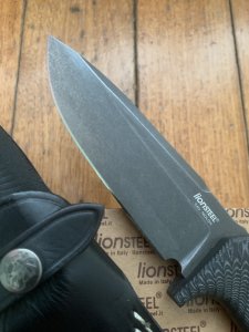 LionSTEEL Italy. Model T5 MI Canvas Micarta Handle Black Blade with Leather Sheath