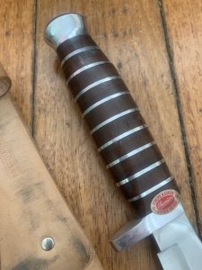 Solingen Germany EUROCUT Original 5" Blade Bowie Knife with Wood Stacked Handle & Leather Sheath