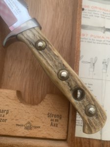 Puma Knife: 1966 Puma Skinner with Stag Antler Handle & Original Wooden Box  & Paperwork