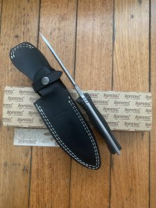 LionSTEEL Italy. Model T5 MI Canvas Micarta Handle Satin Blade with Leather Sheath