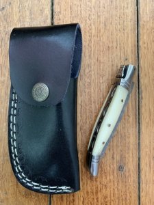 Damascus Folding Knife with White Bone Handle File Work and Pouch