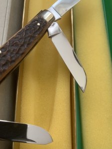 Puma Knife: Puma Mint Rare 1969 'STOCK' 3 blade Knife with Dark Brown Jigged Bone Handle and Box #96744