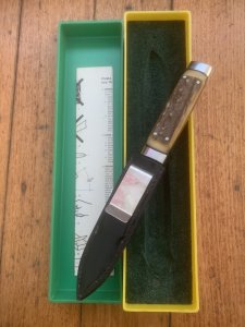 Puma Knife: Puma 1981 Vintage 3573 Boot Knife with Stag Handle Sheath in Puma Green/Yellow Box