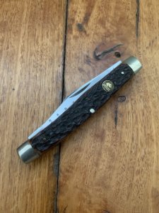 Puma Knife: Puma rare vintage PUMASTER 1972 'STOCK' 3 blade Fold back Knife with Dark Brown Jigged Bone Handle #41272