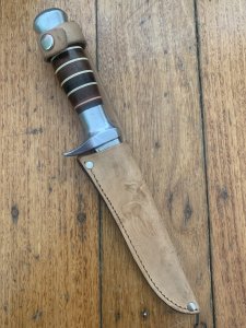 Solingen Germany EUROCUT Original 5 1/4" Thin Blade Bowie Knife with Wood Stacked Handle & Leather Sheath