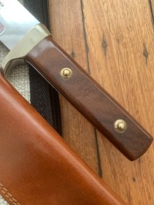 Puma Knife: 1987 Puma Big Big Bowie knife with Wooden Handle in original Tan Leather Sheath & Case