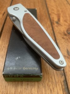 Puma Knife: Puma 2002 Handic Linerlock Brushed Silver & Wood Frame Folding Knife